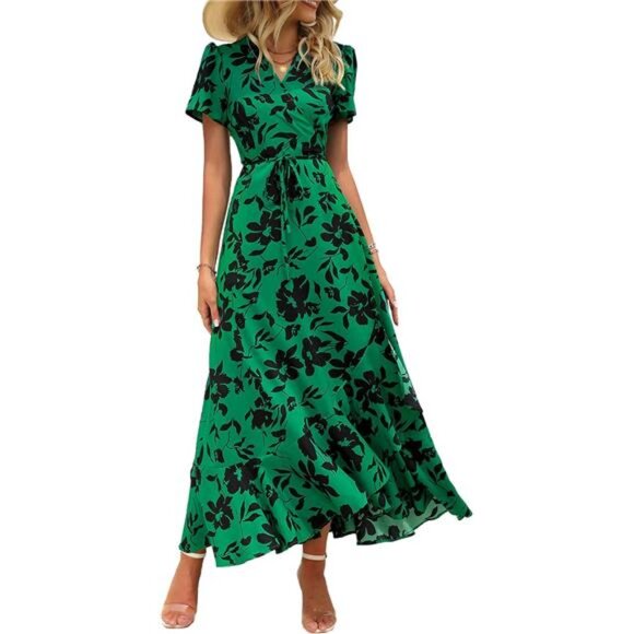 PRETTYGARDEN Women's Summer Wrap Maxi Dress Casual Boho Floral V Neck Short - Picture 1 of 7